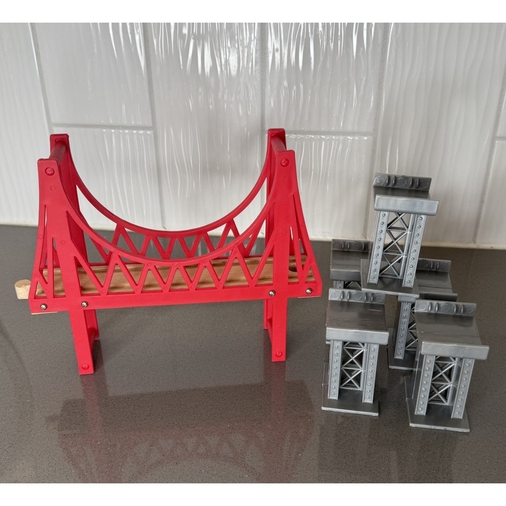 VTG KidKraft Wooden Train Track Suspension Bridge & 5 Risers Compatible Lot of 6